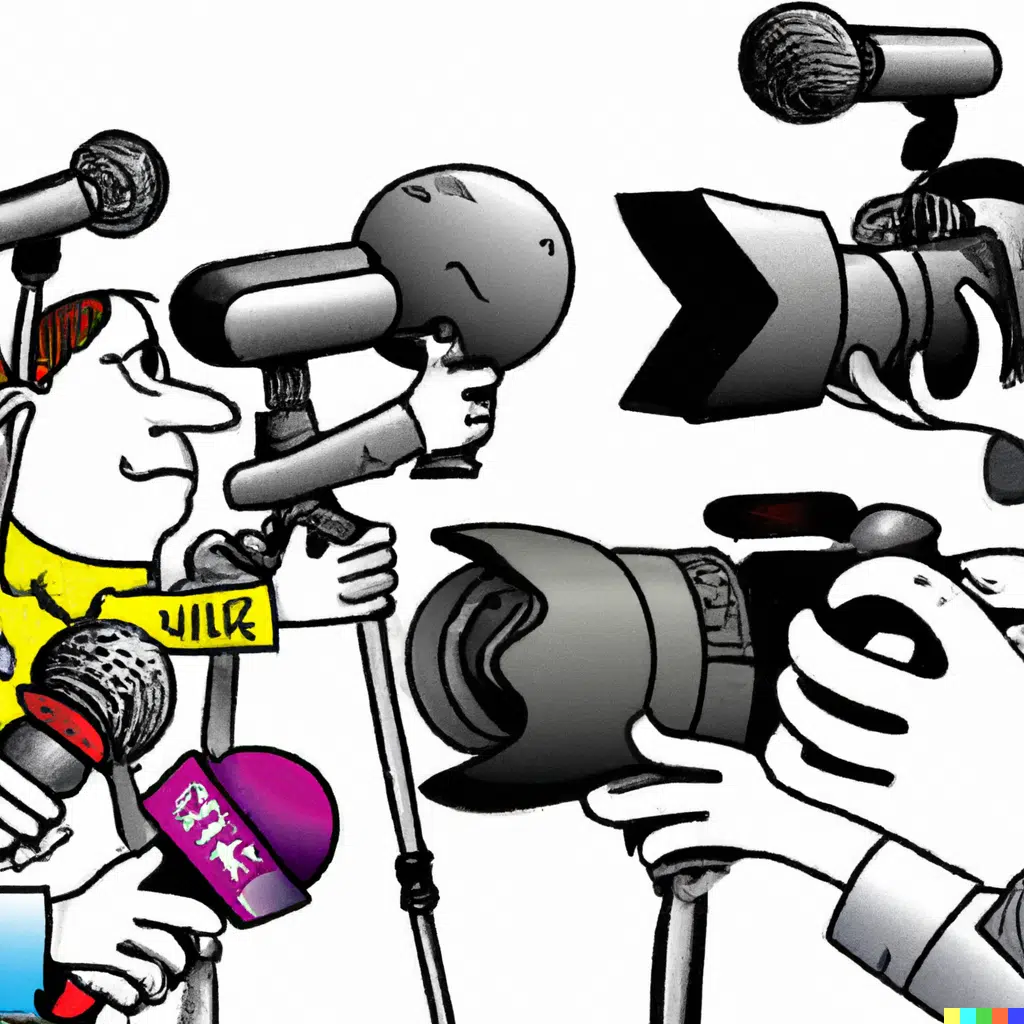 Reporters holding cameras and microphones in every direction